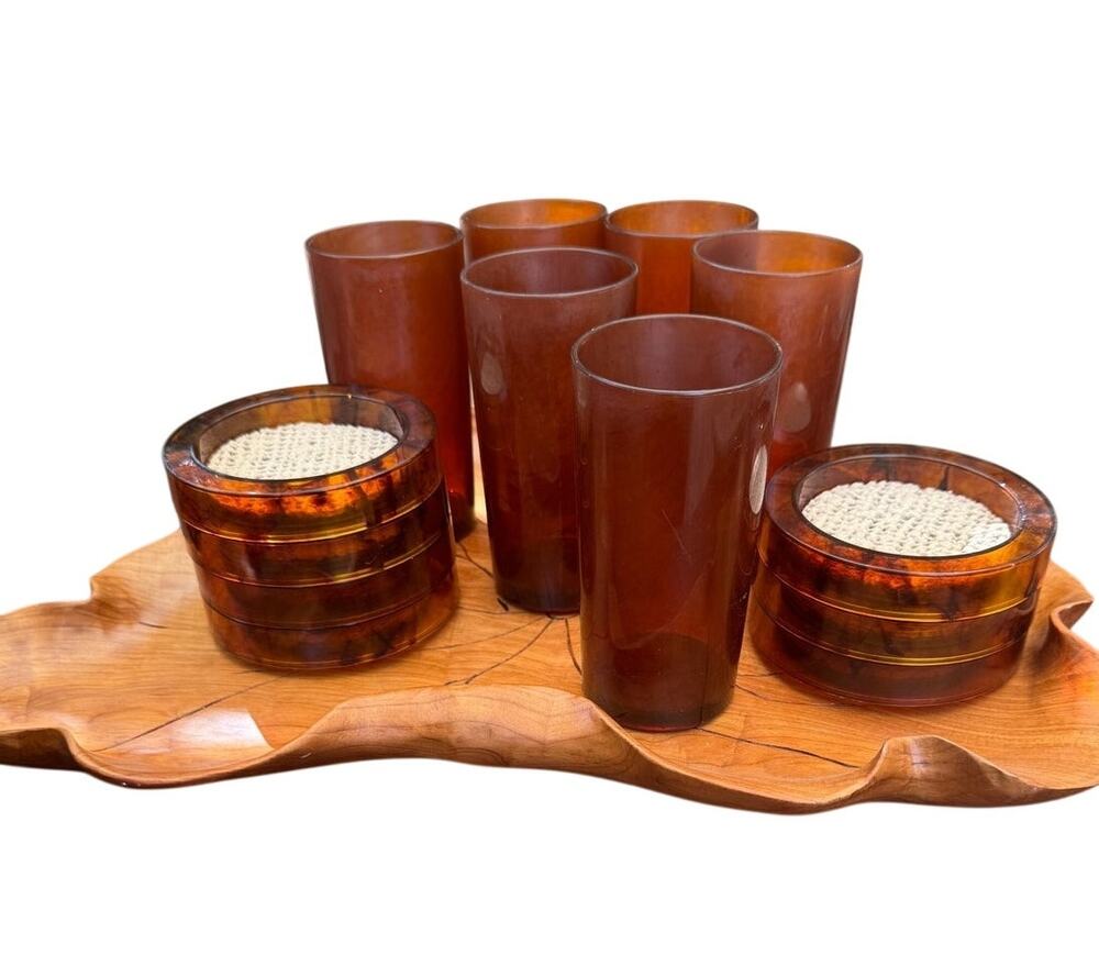 VTG 60s MCM HJ Stotter Tortoise Shell Acrylic 6 Cup Coaster Set